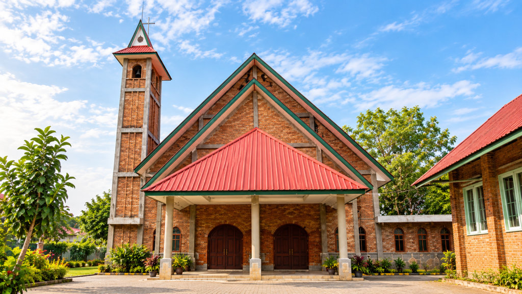 brick church courtyard under blue skies