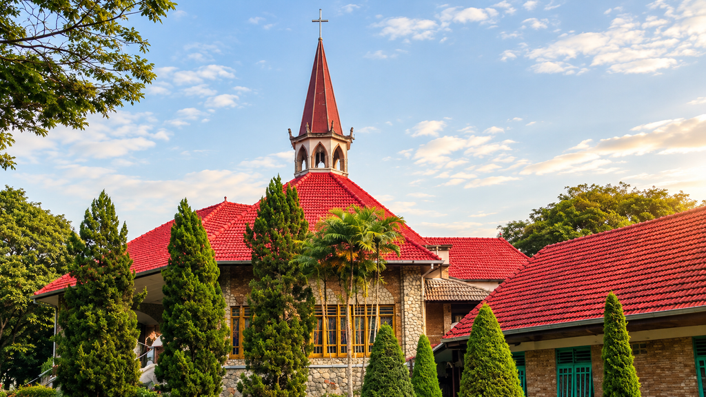 serene stone church in blooming gardens