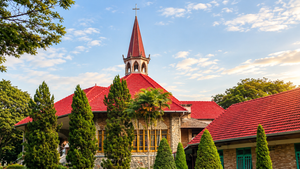 serene stone church in blooming gardens