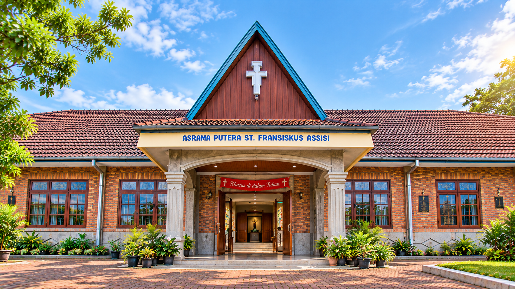 symmetrical church courtyard with cross